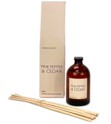 Pink Pepper & Cedar 100ml scented artisan reed diffuser. Made with natural, alcohol plant-based reed liquid with no parabens, in a heritage-colour gift box