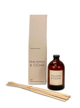 Pink Pepper & Cedar 100ml scented artisan reed diffuser. Made with natural, alcohol plant-based reed liquid with no parabens, in a heritage-colour gift box