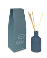 Saffron, Amber, Moss & Fir 100ml scented artisan reed diffuser ceramic bottle. Made with natural, alcohol plant-based reed liquid with no parabens, in a colour-matched gift box