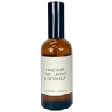 Lavender, Sweet Orange & Geranium 100ml scented artisan room spray. Made with no parabens.