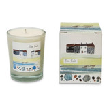 Sea Salt 9cl coastal-inspired votive artisan candle: natural, vegan, plant based & soy wax, no parabens, in seasonal gift box illustrated with a pretty harbour, beach and boat scene