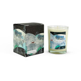 A 9cl clear glass votive candle labeled "Winter Scent," next to its illustrated gift box. Both show a cosy, snowy evening village scene with a small red fox walking through bare trees and rolling hills.