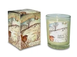 Cedar & Oakwood 9cl illustrated votive artisan candle: natural, vegan, plant based & soy wax, no parabens, in seasonal gift box illustrated with snowy church countryside and wren