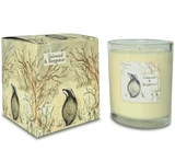 Oakwood & Bergamot 20cl winter-inspired, scented artisan candle: natural, vegan, plant based & soy wax, no parabens, in seasonal gift box illustrated with a badger in a snowy woodland scene