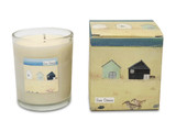 Sea Grass 20cl winter-inspired, scented artisan candle: natural, vegan, plant based & soy wax, no parabens, in seasonal gift box illustrated with a beach hut, sandy beach  summer scene