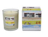 Sea Shore 20cl coastal-inspired votive artisan candle: natural, vegan, plant based & soy wax, no parabens, in seasonal gift box illustrated with a pretty harbour scene and seaside cottages