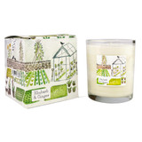 Rhubarb & Ginger 20cl summer-inspired votive artisan candle: natural, vegan, plant based & soy wax, no parabens, in seasonal gift box illustrated with cottage garden, greenhouse and vegetable plot