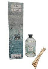 Gold, Frankincense & Myrrh 100ml scented artisan reed diffuser. Made with natural, alcohol plant-based reed liquid with no parabens, in a seasonal gift box illustrated with cottage and owl in a snowy night time scene