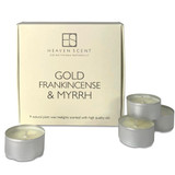 Gold, Frankincense & Myrrh gift box of 9 aluminium tealights made of natural, vegan, plant-based rapeseed, coconut & soy wax blend, with no parabens