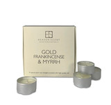 Gold, Frankincense & Myrrh gift box of 9 aluminium tealights made of natural, vegan, plant-based rapeseed, coconut & soy wax blend, with no parabens