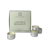Lavender & Bergamot gift box of 9 aluminium tealights made of natural, vegan, plant-based rapeseed, coconut & soy wax blend, with no parabens.