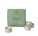 Lime, Basil & Mandarin gift box of 9 aluminium tealights made of natural, vegan, plant-based rapeseed, coconut & soy wax blend, with no parabens