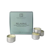 Relaxing (Geranium, Sweet Orange, Lavender and Ylang Ylang) gift box of 9 aluminium tealights made of natural, vegan, plant-based rapeseed, coconut & soy wax blend, with no parabens