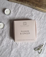 Rhubarb & Ginger gift box of 9 aluminium tealights made of natural, vegan, plant-based rapeseed, coconut & soy wax blend, with no parabens