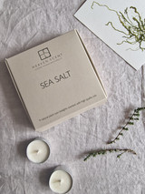 Sea Salt gift box of 9 aluminium tealights made of natural, vegan, plant-based rapeseed, coconut & soy wax blend, with no parabens