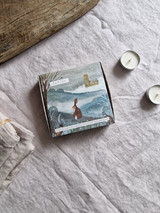 Fig & Olive illustrated gift box of 9 aluminium tealights made of natural, vegan, plant-based rapeseed, coconut & soy wax blend, with no parabens. Hare, Church & Pheasant