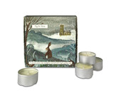 Fig & Olive illustrated gift box of 9 aluminium tealights made of natural, vegan, plant-based rapeseed, coconut & soy wax blend, with no parabens. Hare, Church & Pheasant