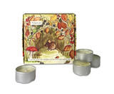 Hedgerows illustrated gift box of 9 aluminium tealights made of natural, vegan, plant-based rapeseed, coconut & soy wax blend, with no parabens. Toadstool and field mouse illustration.