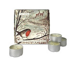 Plum Pudding illustrated gift box of 9 aluminium tealights made of natural, vegan, plant-based rapeseed, coconut & soy wax blend, with no parabens. Robin and winter scene illustration