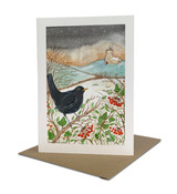 This Winter themed A5 greetings card, beautifully illustrated with a blackbird infront of a country church in a snowy scene, is perfect to give for Christmas, winter birthdays or as a special thank you.  Illustrated by Sarah Pettitt