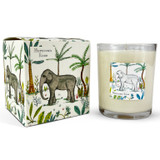 Moroccan Rose 20cl jungle-inspired artisan candle: natural, vegan, plant based & soy wax, no parabens, in seasonal gift box illustrated with an elephant in a tropical forest.