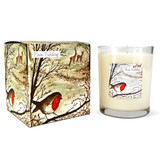 Plum Pudding 20cl wildlife inspired artisan candle: natural, vegan, plant based & soy wax, no parabens, in seasonal gift box illustrated with a winter Robin scene.