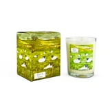 Aloe and Straw 9cl country life votive artisan candle: natural, vegan, plant based & soy wax, no parabens, in seasonal gift box illustrated with a flock of black-shaped sheep in a field.