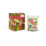 Amber & Smoked Fig 9cl jungle votive artisan candle: natural, vegan, plant based & soy wax, no parabens, in seasonal gift box illustrated with a lounging leopard.
