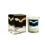 Wild Woods 9cl wildlife inspired artisan candle: natural, vegan, plant based & soy wax, no parabens, in seasonal gift box illustrated with a winter swooping owl scene.