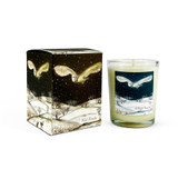 9cl Wild Woods scented candle and gift box with a night-time illustration of a white Barn Owl flying over snowy hills and bare winter trees.