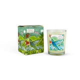 Amber & Tonka Bean 9cl jungle-inspired artisan candle: natural, vegan, plant based & soy wax, no parabens, in seasonal gift box illustrated with a humming bird feeding from exotic flower.