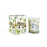 Moroccan Rose 9cl jungle-inspired artisan candle: natural, vegan, plant based & soy wax, no parabens, in seasonal gift box illustrated with an elephant in a tropical forest.