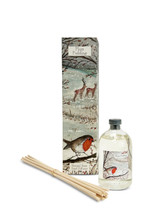 Plum Pudding scented Christmas reed diffuser in a gift box illustrated with a robin and deer in a snowy country scene.