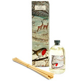 Plum Pudding scented Christmas reed diffuser in a gift box illustrated with a robin and deer in a snowy country scene.