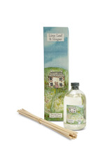 100ml Lime Leaf & Ginger scented artisan reed diffuser in a box illustrated with country cottage in a sunny field. Made with natural, alcohol plant-based reed liquid with no parabens.