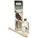 inter Thyme luxury reed diffuser by Heaven Scent featuring an illustrated box with a Little Owl on a fence post in a snow-covered British landscape