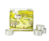 Lavender & Geranium 9 scented tealights in a gift box illustrated with a lady walking her dog in the country. Natural, vegan, soy and paraben free.