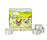 Lime, Basil & Mandarin 9 scented tealights in a gift box illustrated with free range chickens. Natural, vegan, soy and paraben free.