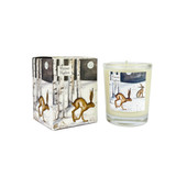 9cl Winter Nights glass votive candle and gift box featuring a hand-drawn illustration of a Brown Hare running through a snowy birch forest under a full moon.