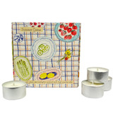 A luxury, vegan, natural box of tealights handmade in Wiltshire, blended with summer citrus, lime leaf, ginger fragrance oil in a gift box, illustrated with a citrus table scape.  Shop Heaven Scent’s Summer Citrus 9-pack aluminium tealights. Eco-friendly natural plant wax candles infused with a crisp, refreshing zesty aroma.