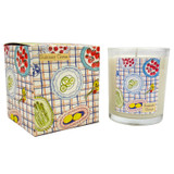 Summer Citrus - Lime, Basil & Mandarin 20cl Summer inspired artisan candle: natural, vegan, plant based & soy wax, no parabens, in seasonal gift box illustrated with plates of summery foods