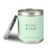 Heaven Scent Sea Salt & Sage 200ml artisan candle, poured in an aluminium travel tin. Made with natural, vegan, plant based & soy wax, no parabens.
