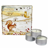 Heaven Scent Frosty Days, red squirrel illustrated box of 9 natural, vegan, plant based & soy wax  tealights made in the UK