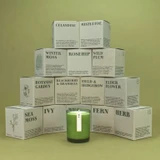 20cl natural soy wax Tea-scented candle in a beautiful green glass jar, next to its recycled presentation box.
