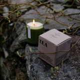 20cl natural soy wax Tea-scented candle in a beautiful green glass jar, next to its recycled presentation box.