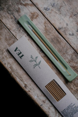 Heaven Scent's 10 Tea scented incense sticks, showing the texture and the recycled card packaging.