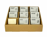 Display showing Heaven Scent Green Range scented and stamped soap bars featuring scents: Botanist Garden, Field & Hedgerow, Sea Moss, Rosehip, Ivy, Herb, Tea, and Fern.