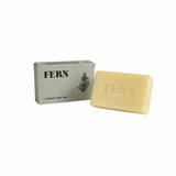 A rectangular, light-coloured natural scented soap bar stamped with 'Fern', positioned next to its grey recycled card box.
