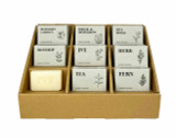 Display showing Heaven Scent Green Range scented and stamped soap bars featuring scents: Botanist Garden, Field & Hedgerow, Sea Moss, Rosehip, Ivy, Herb, Tea, and Fern.