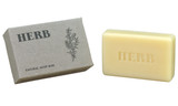 Herb 100g Green Botanical natural soap bar shown with its recycled card box packaging featuring a botanical herb illustration and the stamped soap bar.